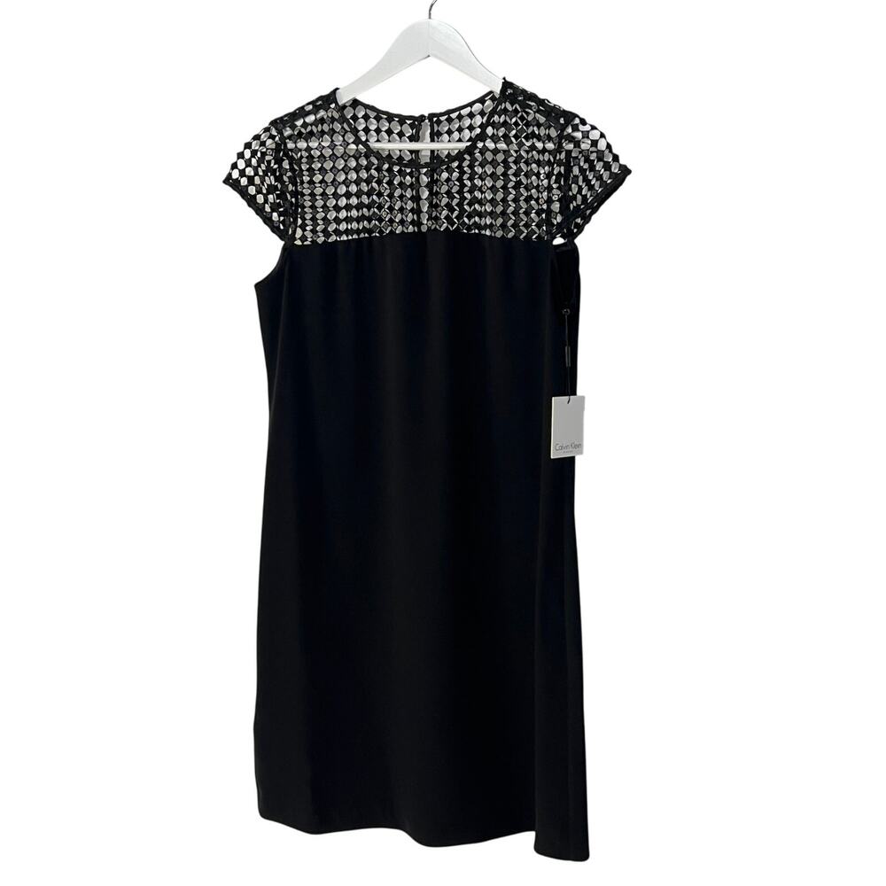CALVIN KLEIN WOMENS SIZE 10 SEQUIN KNIT YOKE CAP SLEEVE SHIFT DRESS BLACK NEW